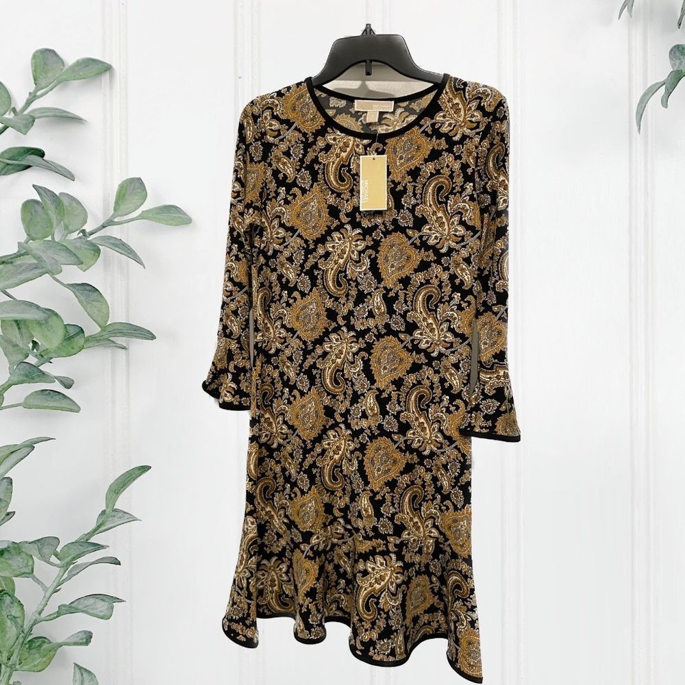 Michael Kors Paisley Print Flounce Bell Sleeve Dress Small